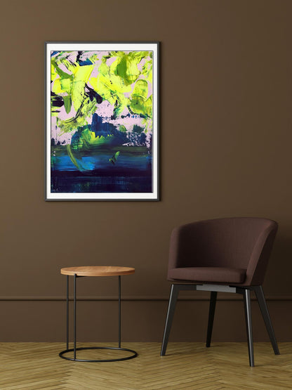 Framed Acrylic painting Orgasmic life by Olga Melezhik, vibrant green blue black strokes