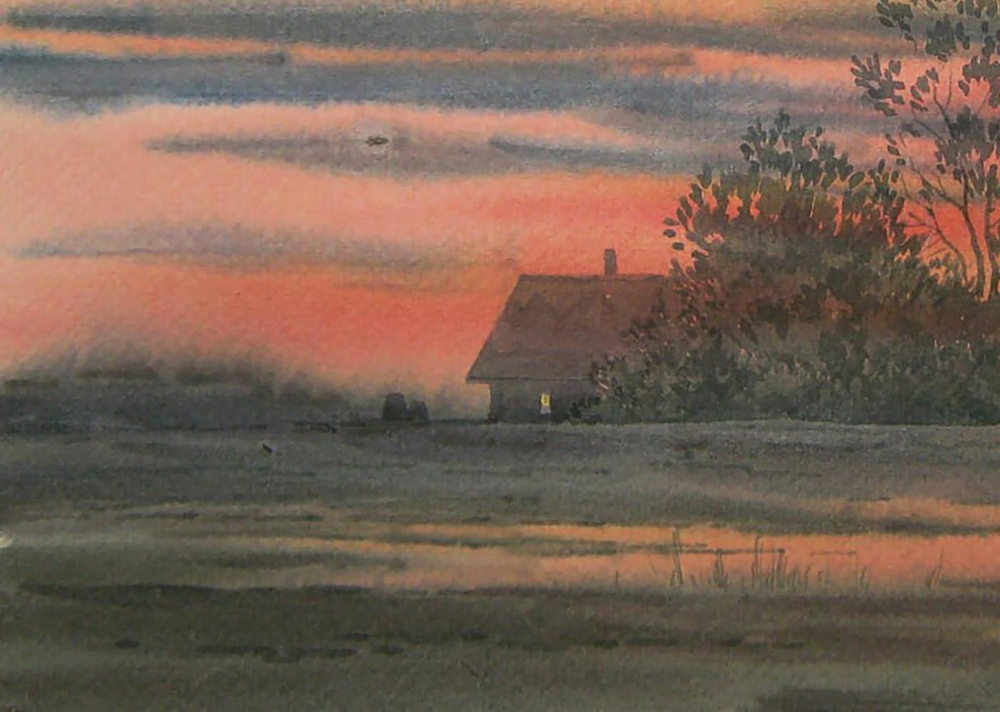 Watercolor painting of autumn evening rustic cottage by Valery Savenets