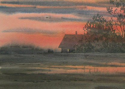 Watercolor painting of autumn evening rustic cottage by Valery Savenets