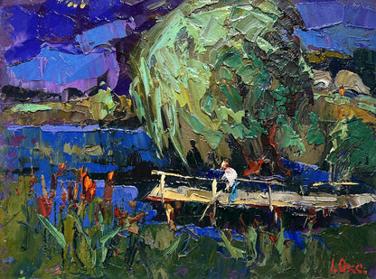 Vibrant impressionistic oil painting At the Night Lake by Oksana Ivanyuk