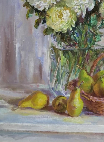 Oil painting Pears with flowers by Leonid Pavlenko: white and pale yellow chrysanthemums in glass vase