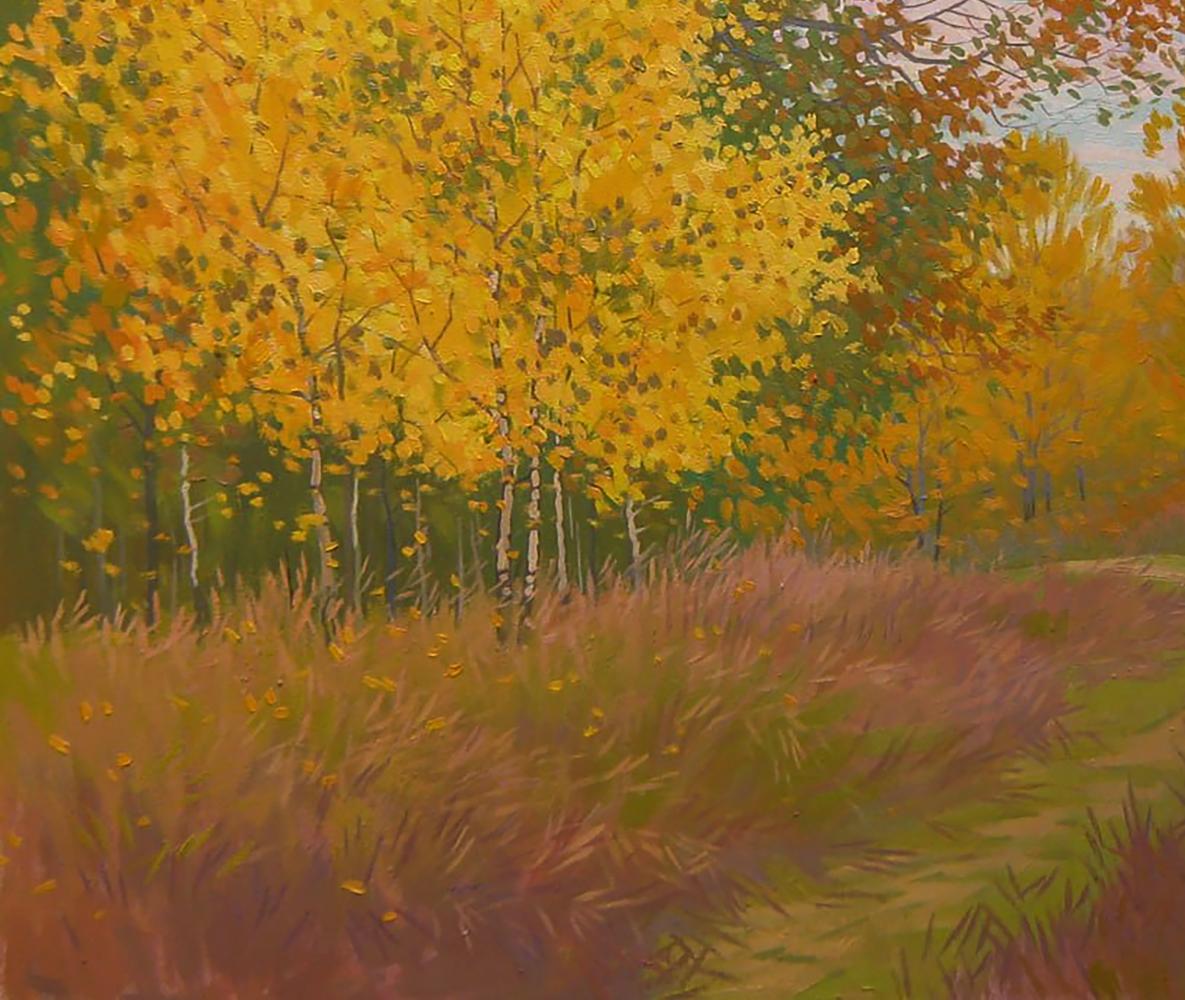 Oil painting Golden autumn nature by Valery Savenets, vibrant trees and field