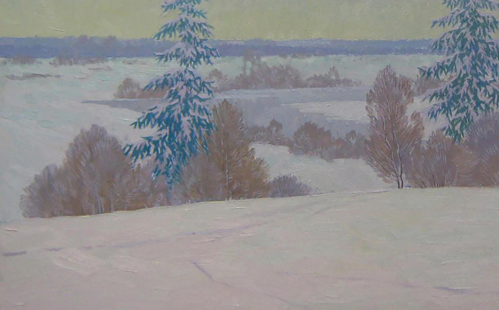 Oil painting of snow-covered evergreens after night snowstorm by Valery Savenets