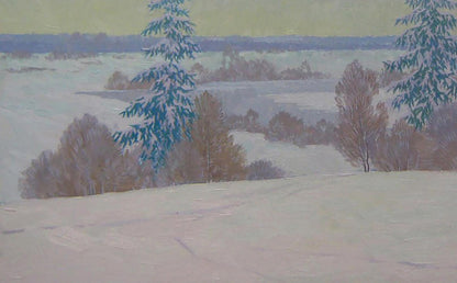 Oil painting of snow-covered evergreens after night snowstorm by Valery Savenets