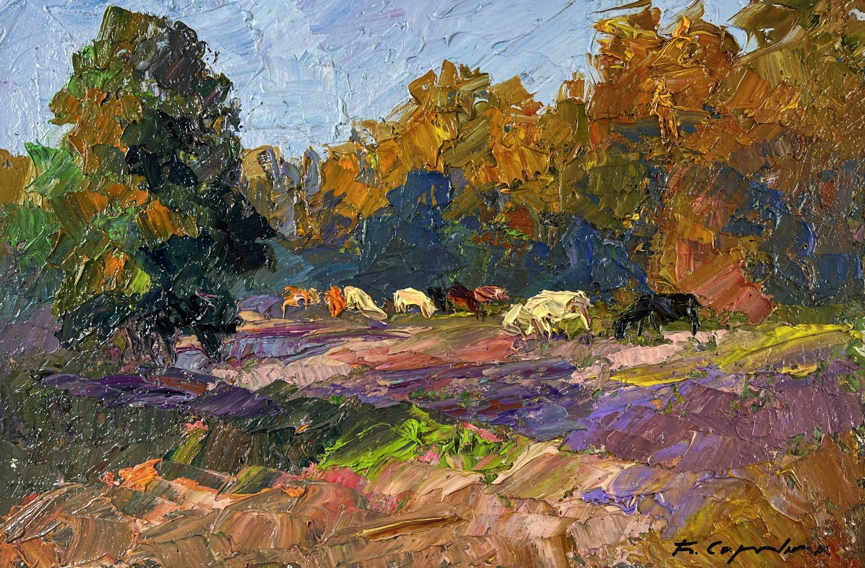 Vibrant impressionist oil painting by Boris Serdyuk: cows grazing in autumn fields