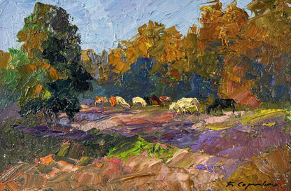 Vibrant impressionist oil painting by Boris Serdyuk: cows grazing in autumn fields