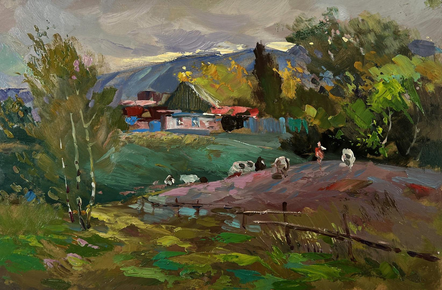 Vibrant impressionistic oil painting of quiet village corner by Yuriy Suprunchuk