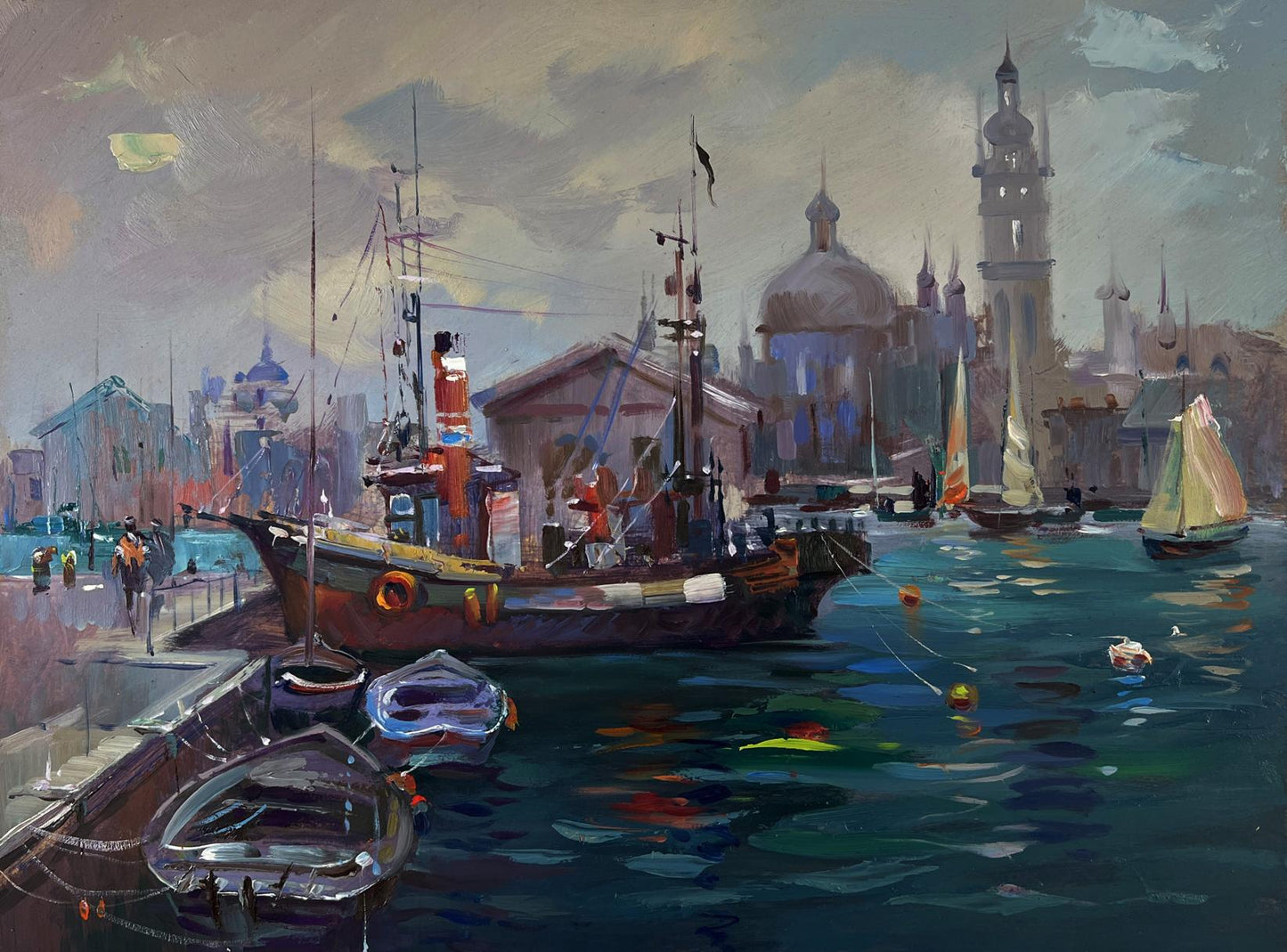 Moody impressionistic oil painting of boats at city pier by Yuriy Suprunchuk