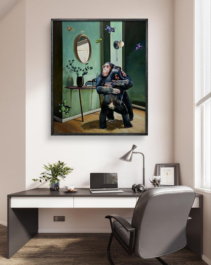 Framed Igor Konovalov oil painting of embracing chimpanzees on green walls