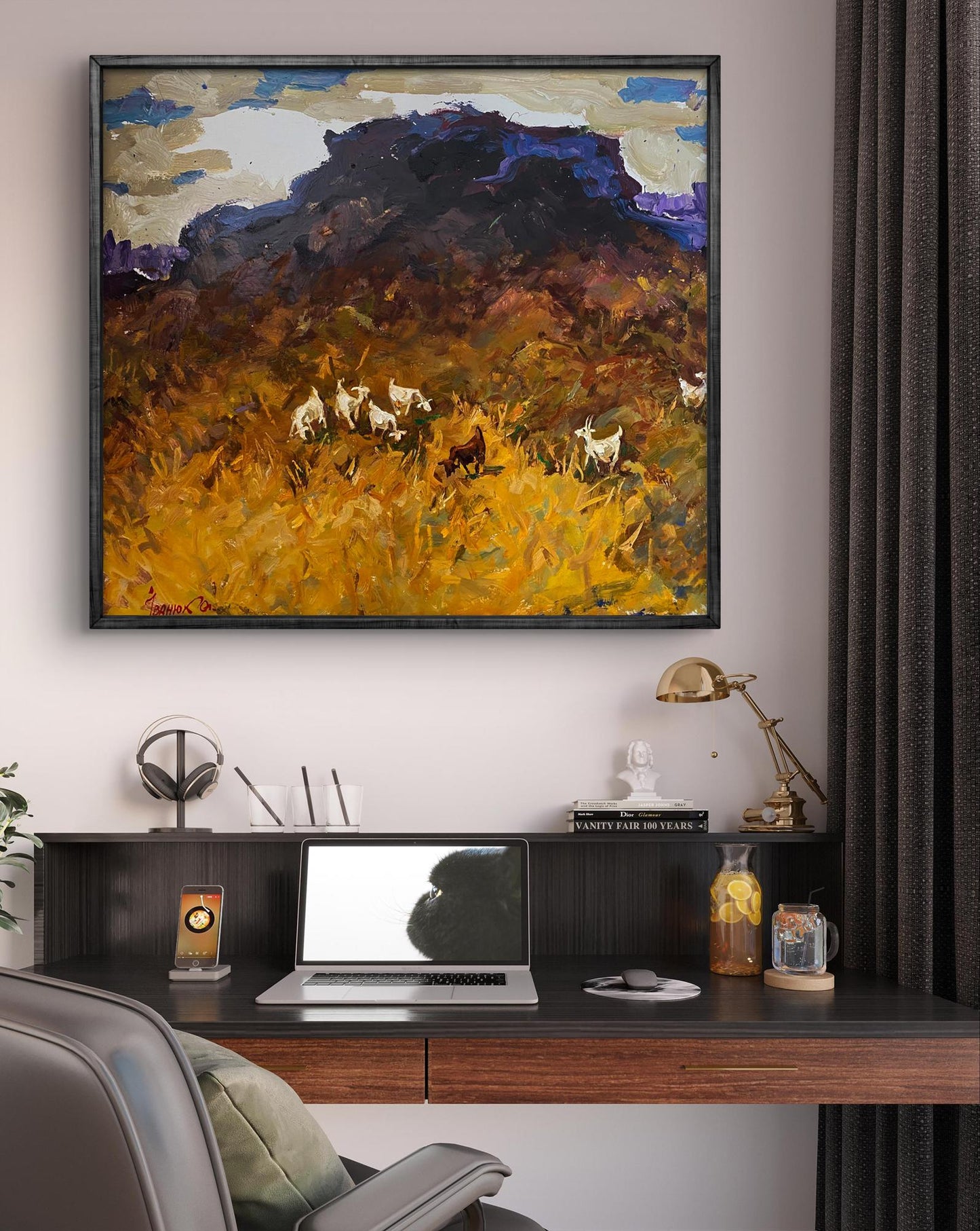 Framed Oleksiy Ivanyuk oil painting of goats in wheat field, abstract landscape