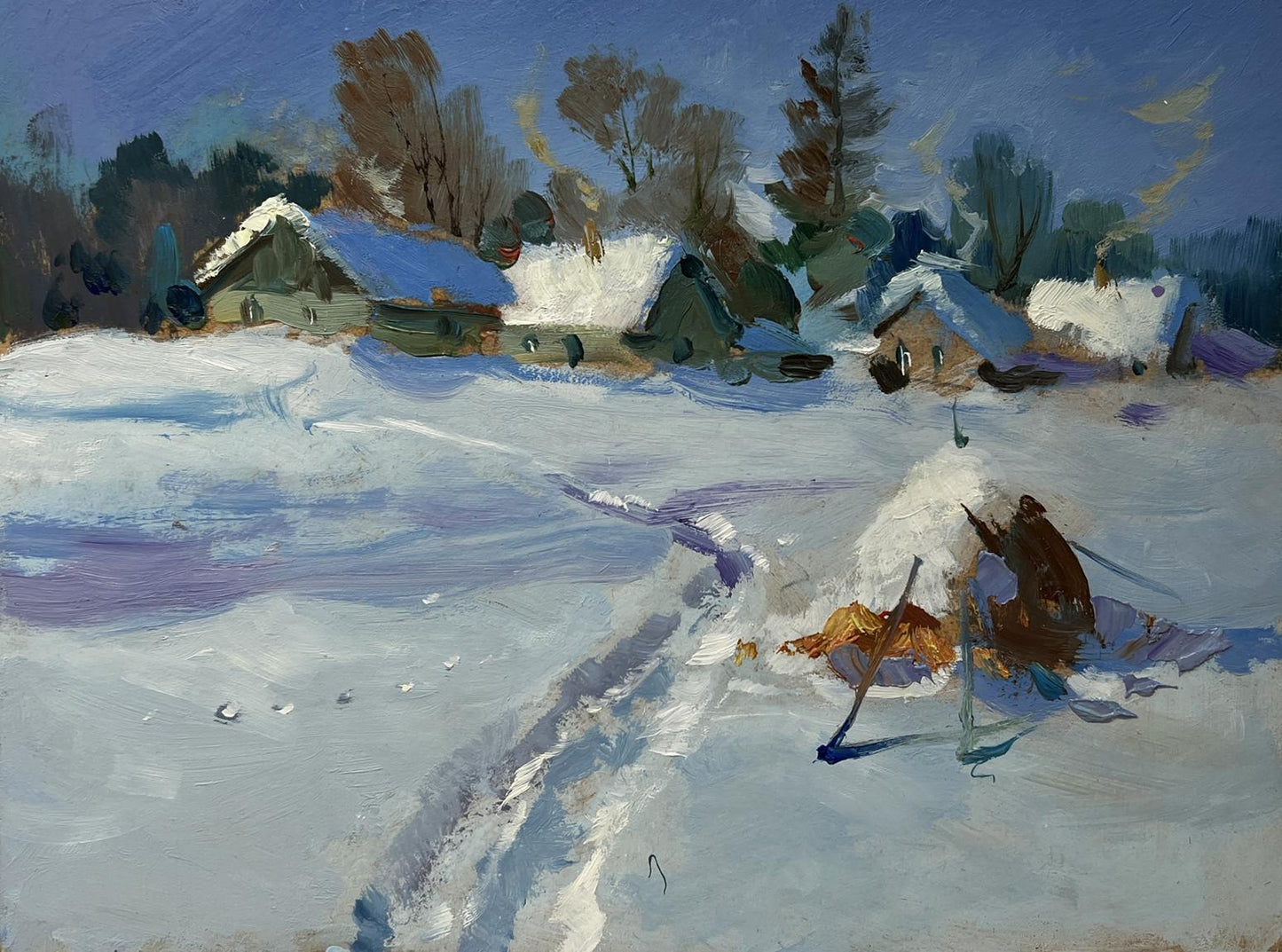 Oil painting of snowy path to Yuriy Suprunchuk village with rustic houses
