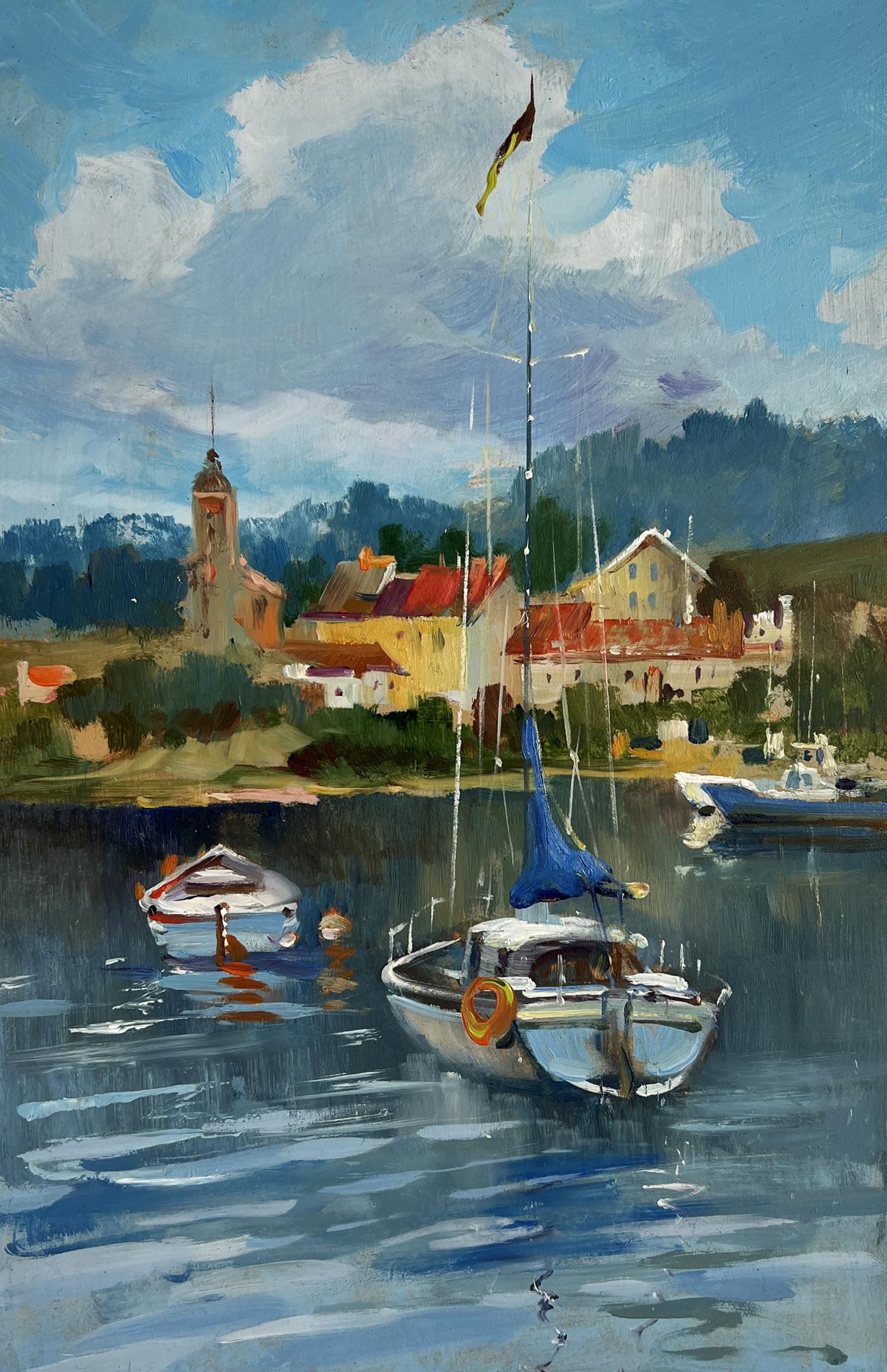 Oil painting of white sailboat with blue sail off city coast by Yuriy Suprunchuk