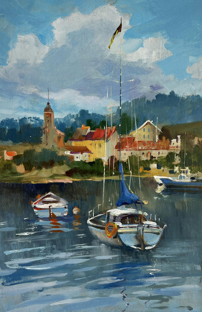 Oil painting of white sailboat with blue sail off city coast by Yuriy Suprunchuk