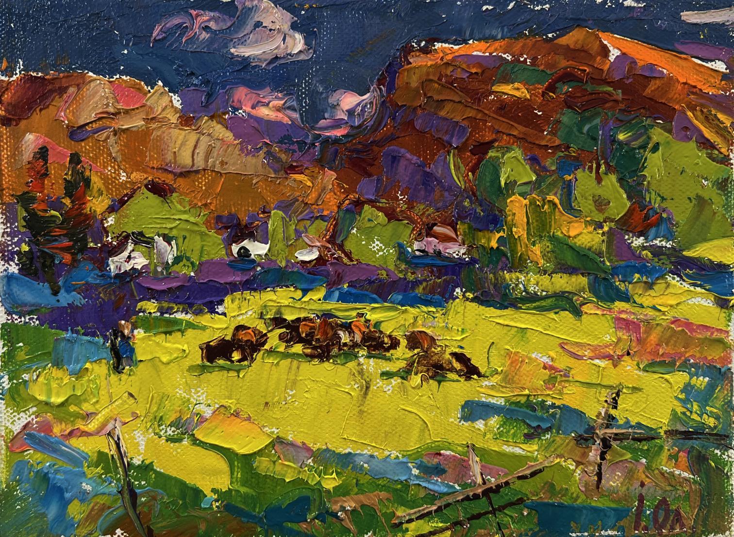Vibrant impressionist oil painting Meadows near the mountains by Oleksiy Ivanyuk
