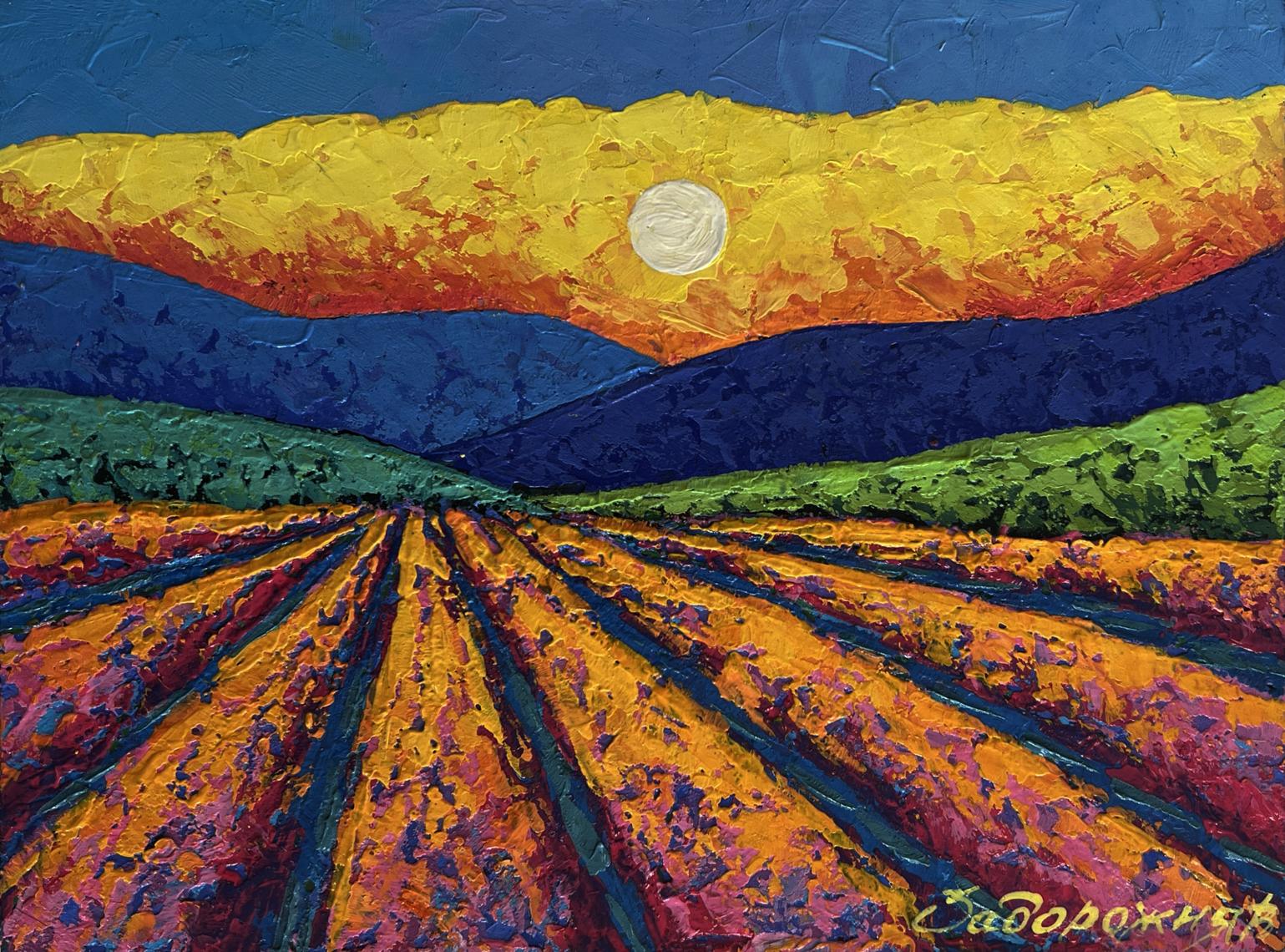 Vibrant oil painting of plowed field and blazing sunset by V. Zadorozhnya