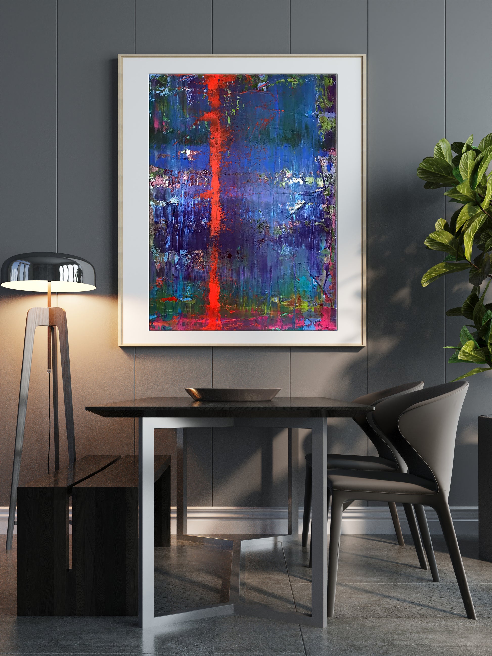 My red line vibrant abstract painting with bold red blue green brushstrokes in white frame