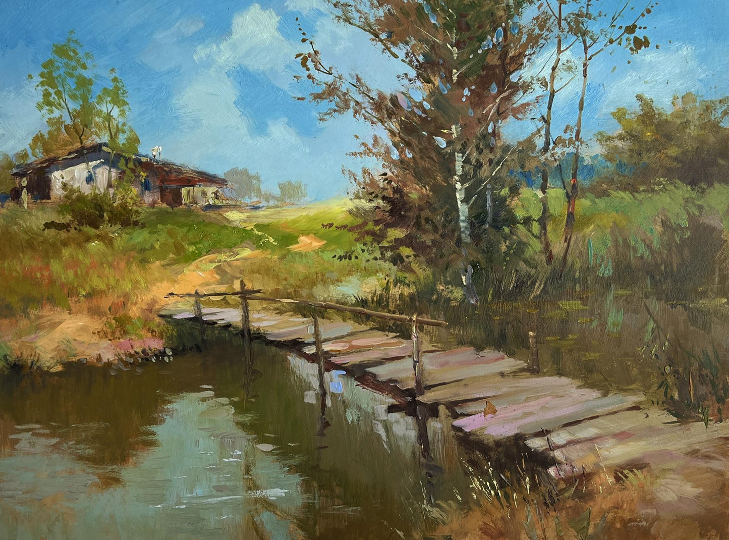 Oil painting of rustic wooden bridge over calm stream by Yuriy Suprunchuk