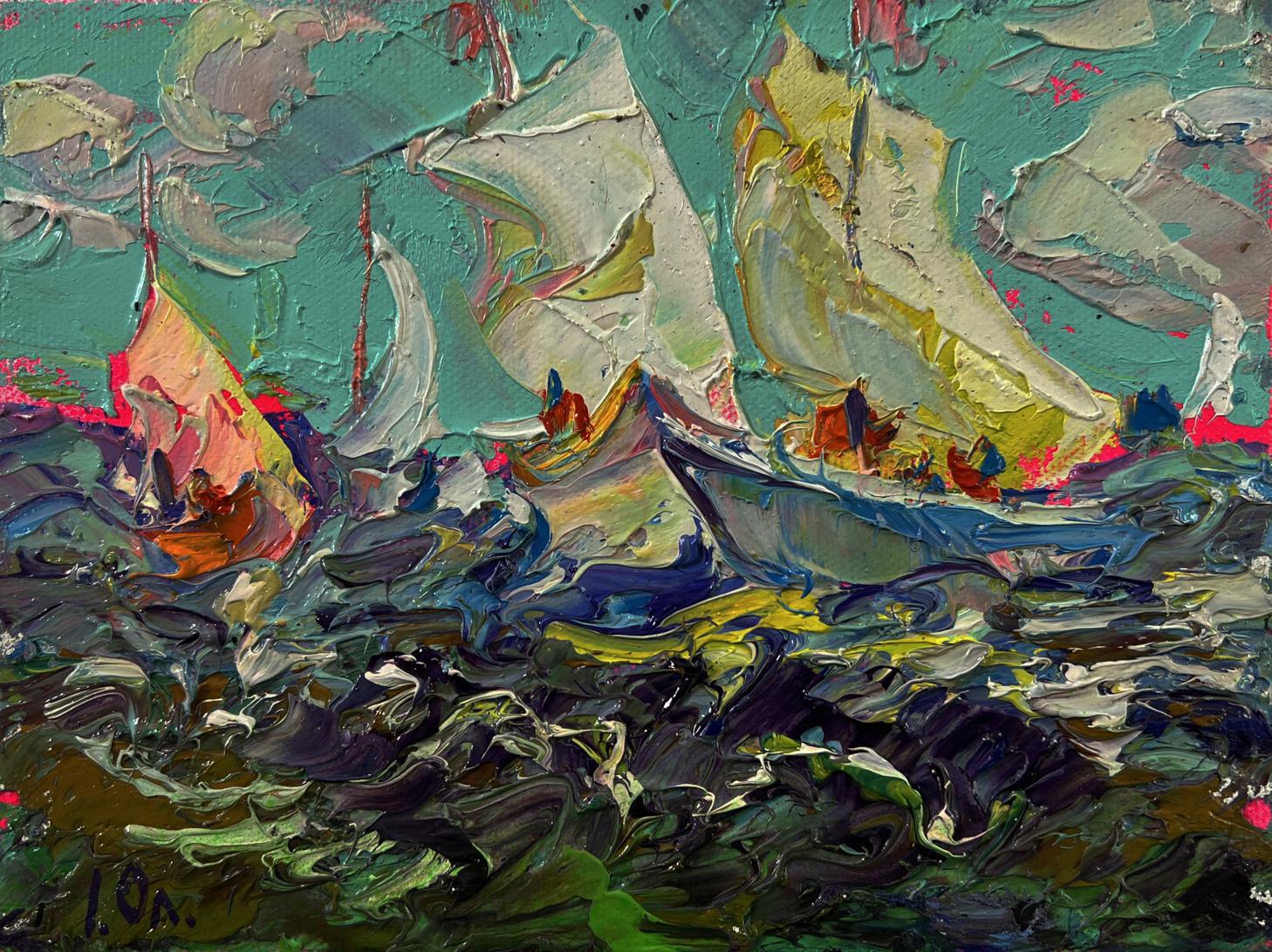 Vibrant Oleksiy Ivanyuk oil painting of sailboats on turbulent seas