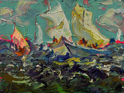 Vibrant Oleksiy Ivanyuk oil painting of sailboats on turbulent seas