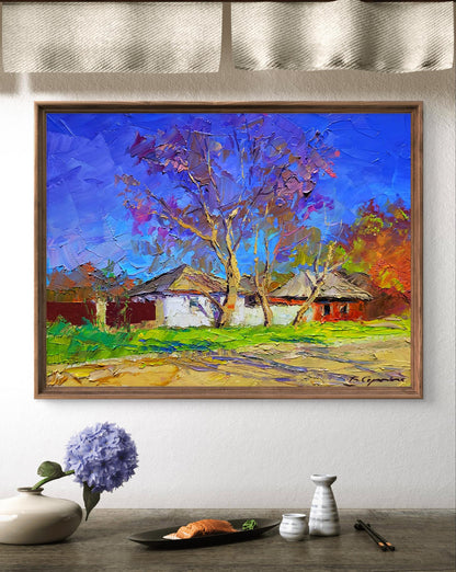 Oil painting Early spring by Boris Serdyuk, vibrant village scene