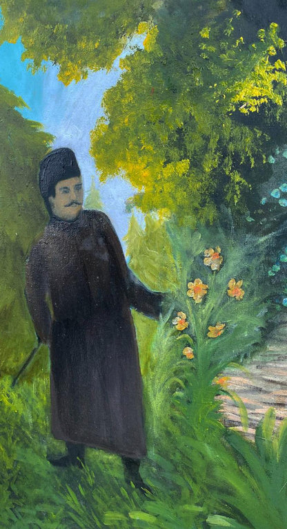 Oil painting Through the Crossing by unknown artist: man in dark coat and hat amid green foliage and orange flowers