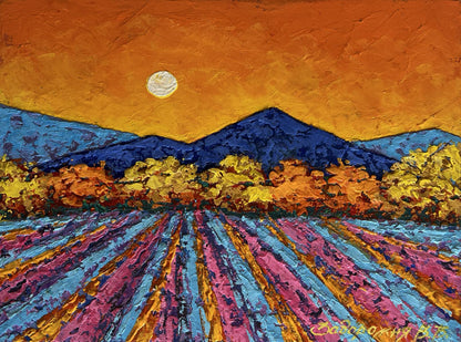 Vibrant oil painting of lavender field under orange sunset sky by V. Zadorozhnya