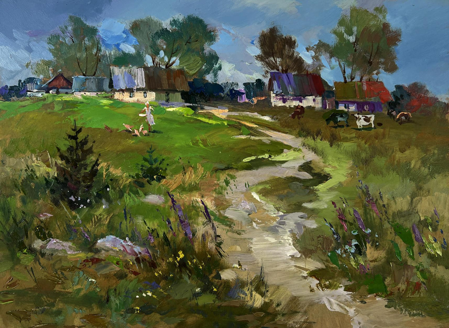 Vibrant impressionist oil painting Morning with cows by Yuriy Suprunchuk