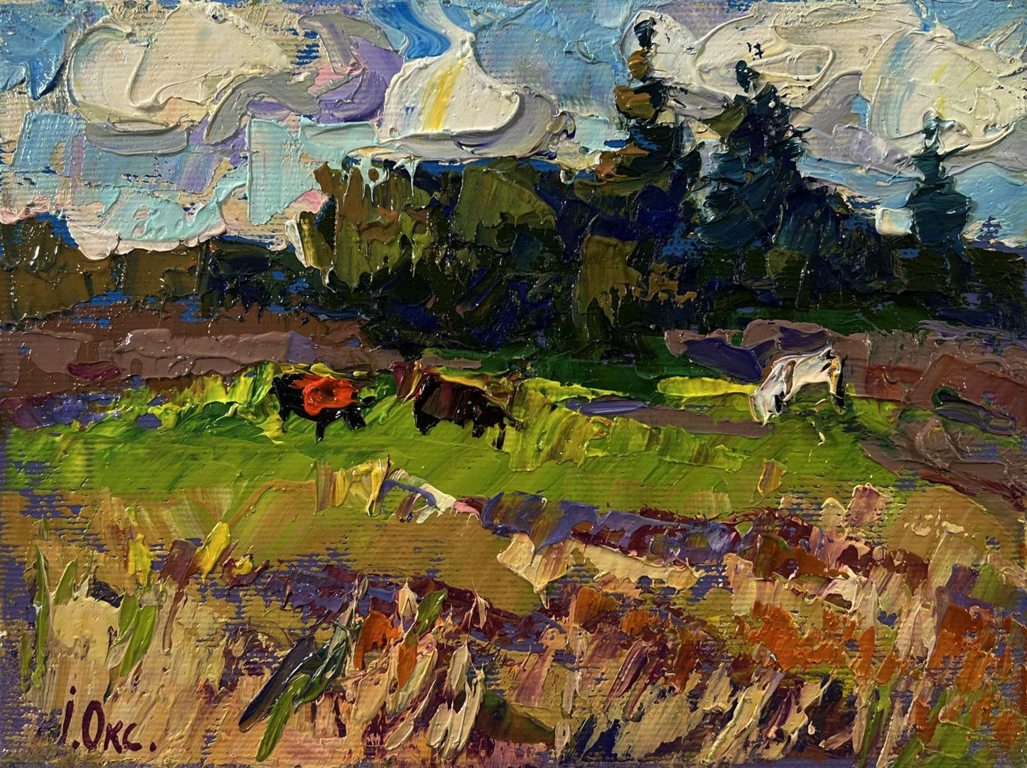 Vibrant impressionistic oil painting of cows grazing by Oksana Ivanyuk