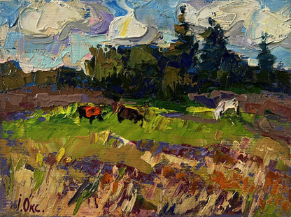 Vibrant impressionistic oil painting of cows grazing by Oksana Ivanyuk