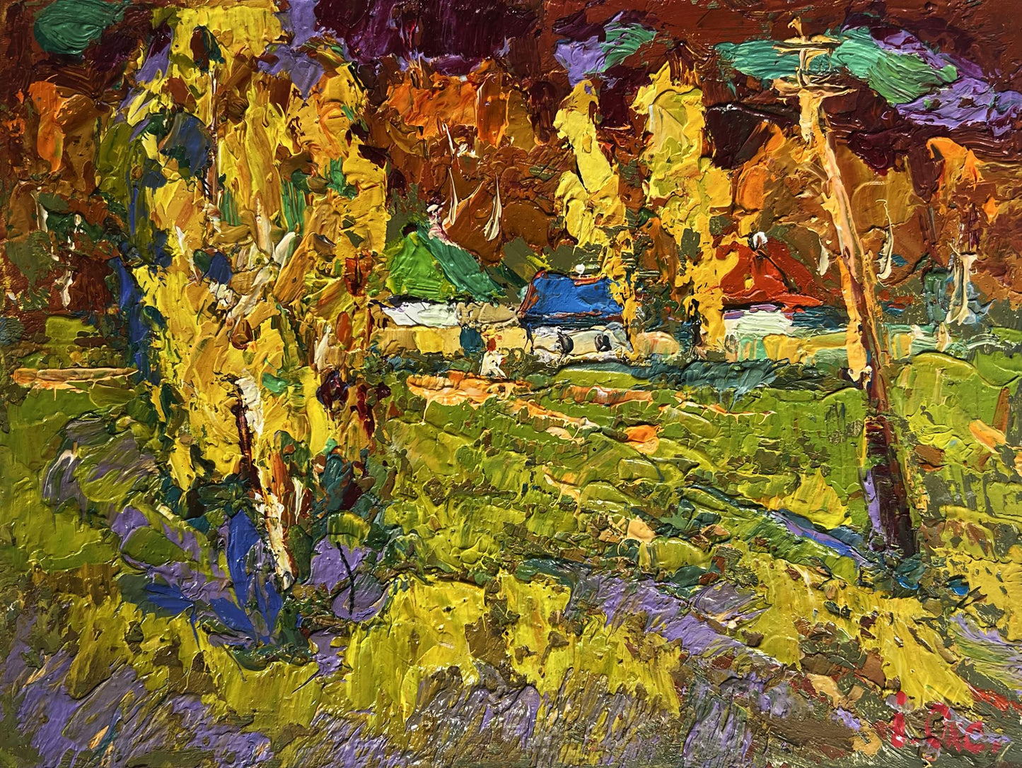 Vibrant impressionist oil painting Autumn streets of village by Oksana Ivanyuk