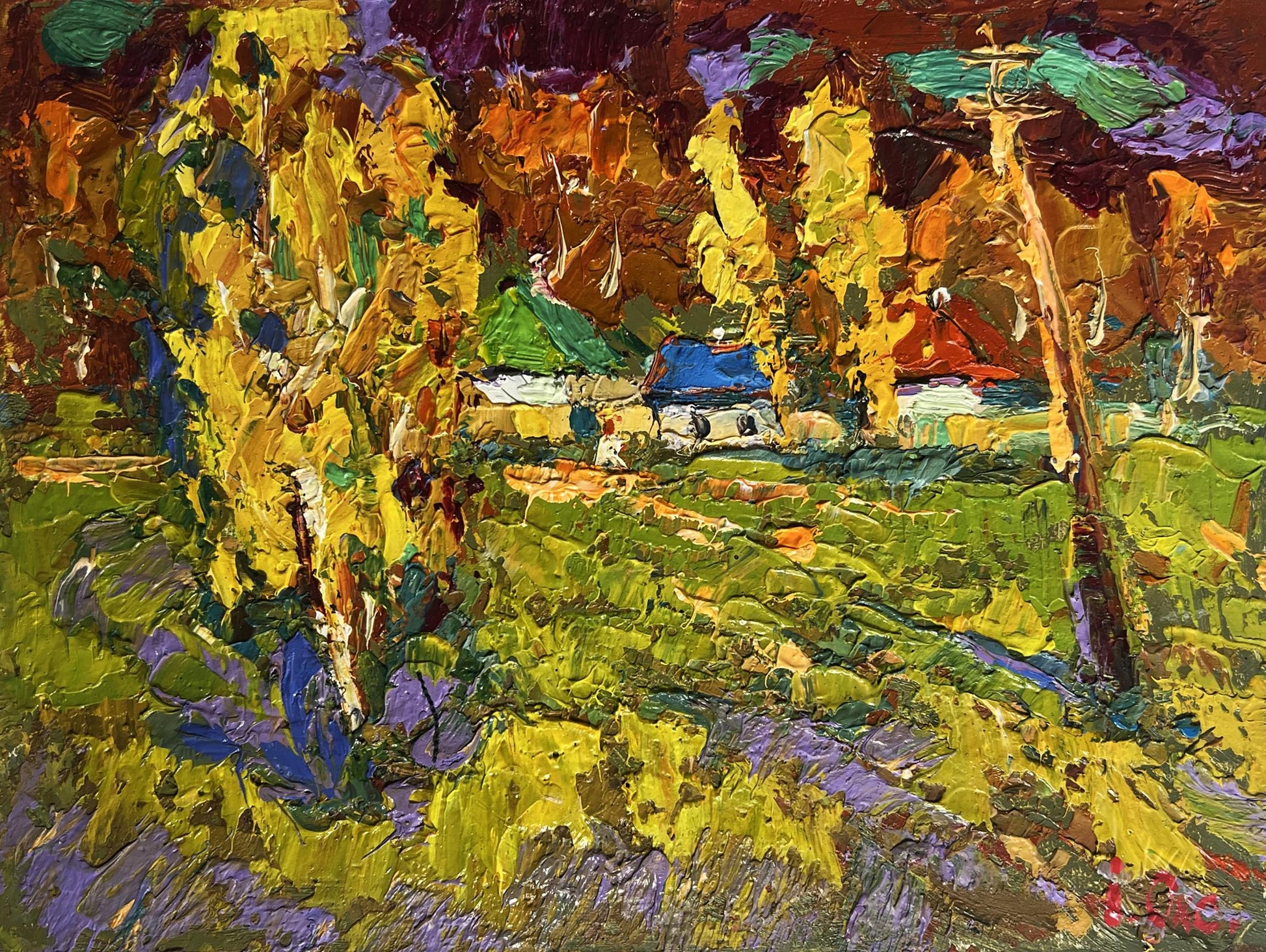 Vibrant impressionist oil painting Autumn streets of village by Oksana Ivanyuk