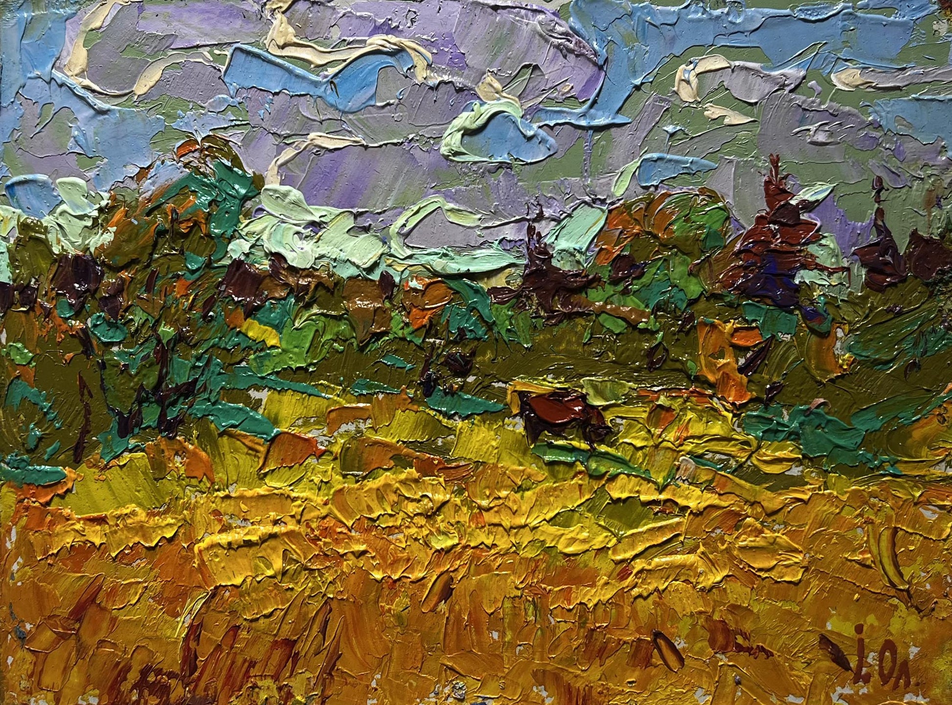 Oil painting Field and Forests by Oleksiy Ivanyuk, textured impasto landscape