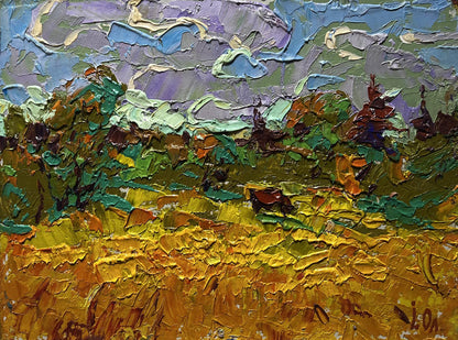 Oil painting Field and Forests by Oleksiy Ivanyuk, textured impasto landscape