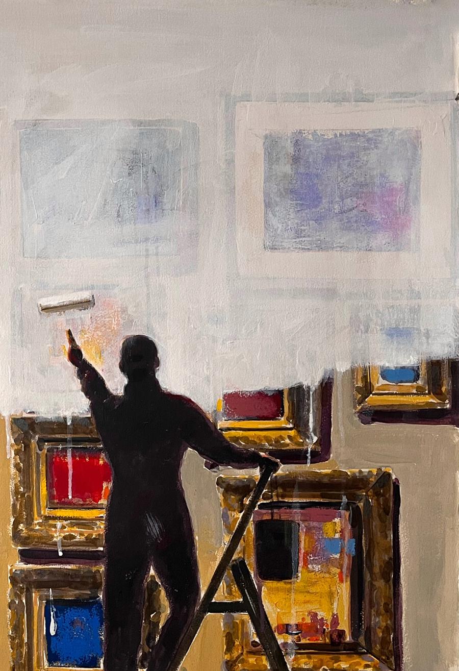 Silhouette painter on ladder rolls acrylic paint in Juan Angel Gonzalez de la Calle museum dissolve artwork