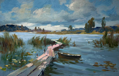 Oil painting Quiet flow of the river by Yuriy Suprunchuk: weathered dock on calm lake