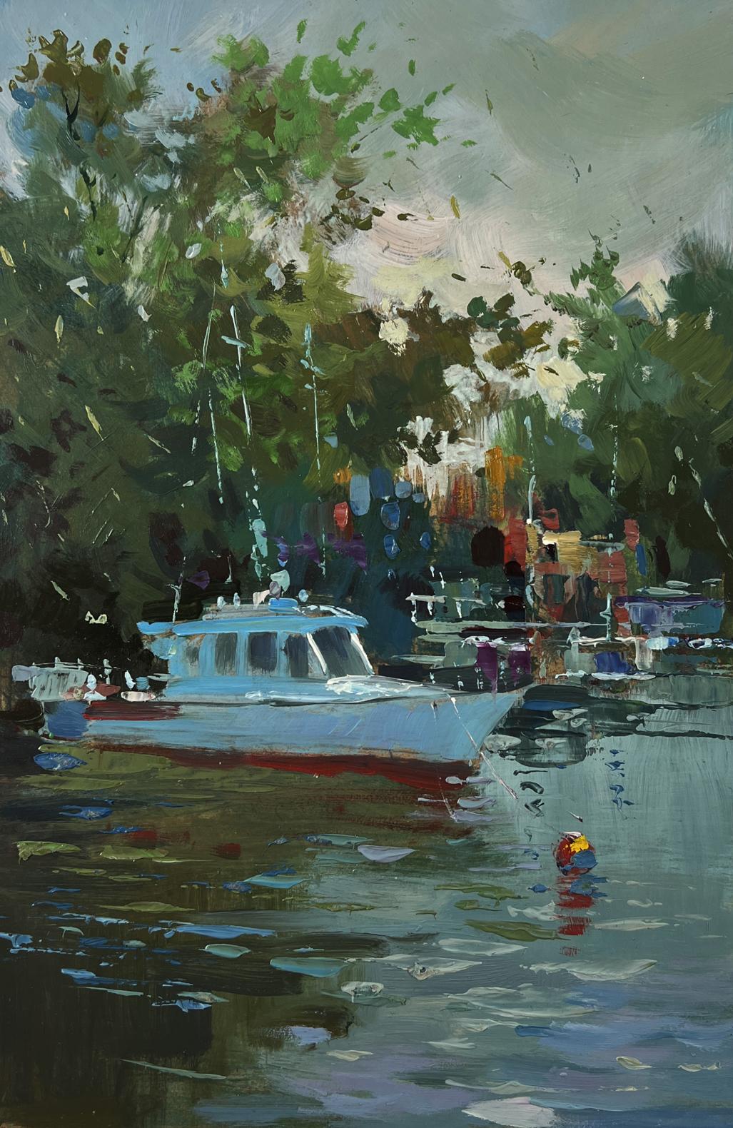 Oil painting of light blue fishing boat with red hull on river by Yuriy Suprunchuk