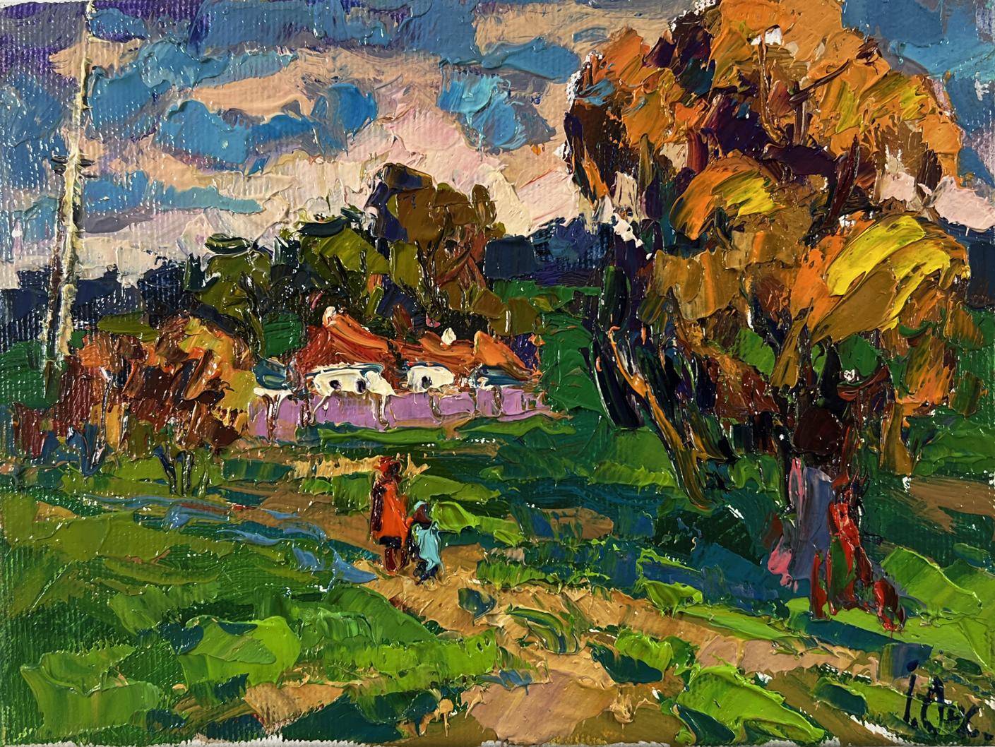 Vibrant impressionist oil painting Outside the Village by Oksana Ivanyuk