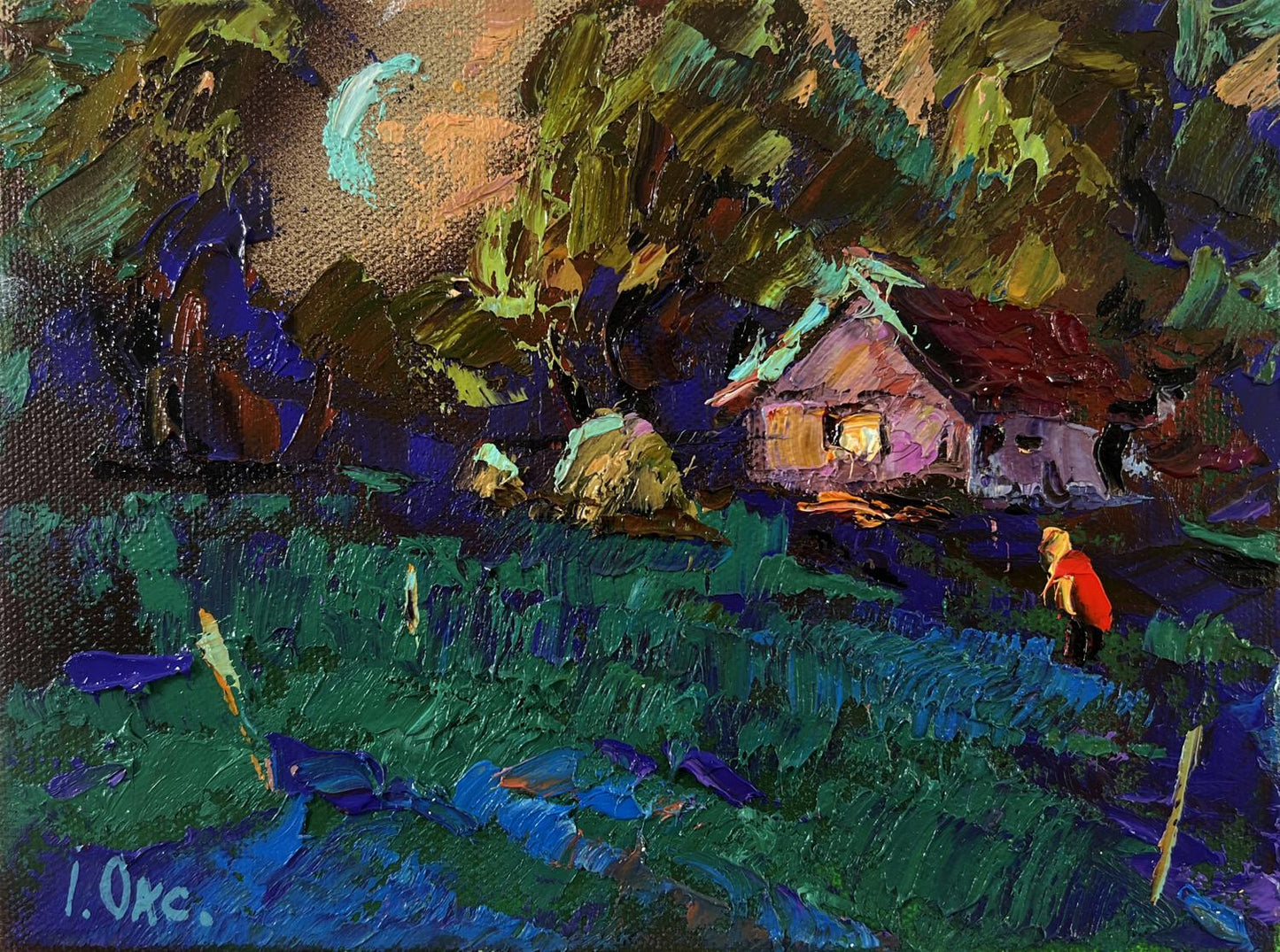 Oil painting Moonlit Country Night by Oksana Ivanyuk: rustic house glowing at twilight