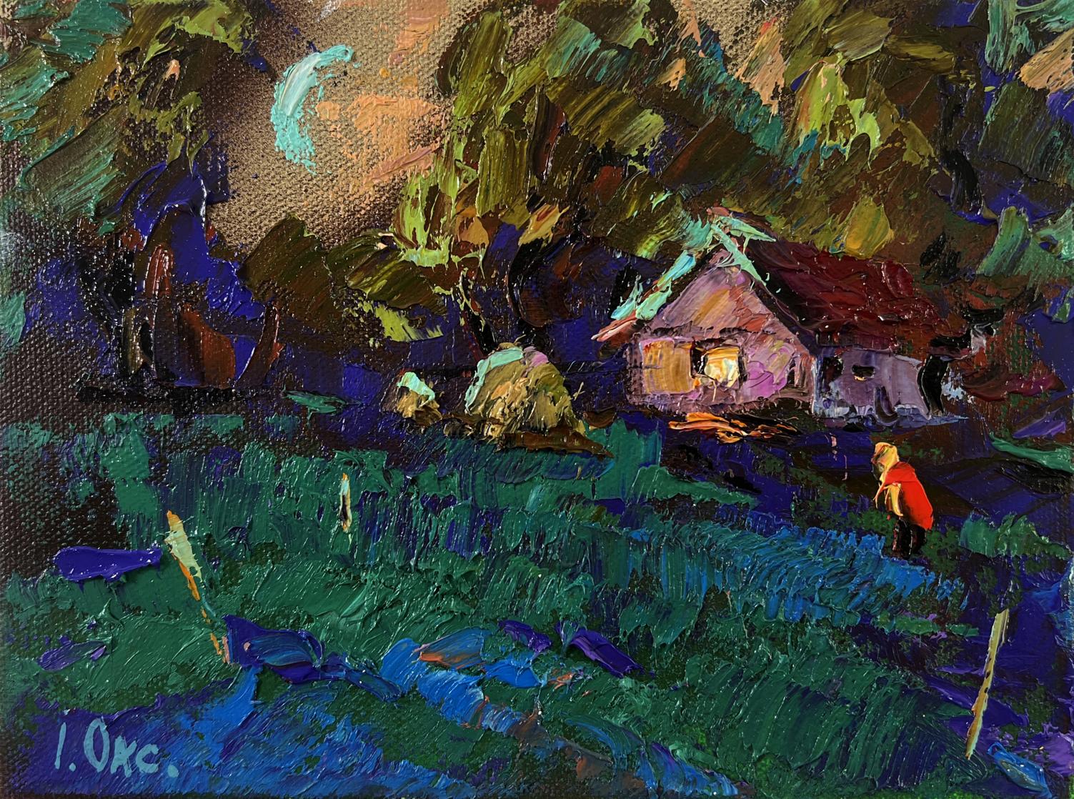 Oil painting Moonlit Country Night by Oksana Ivanyuk: rustic house glowing at twilight