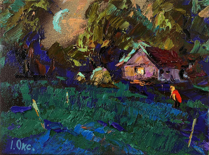 Oil painting Moonlit Country Night by Oksana Ivanyuk: rustic house glowing at twilight