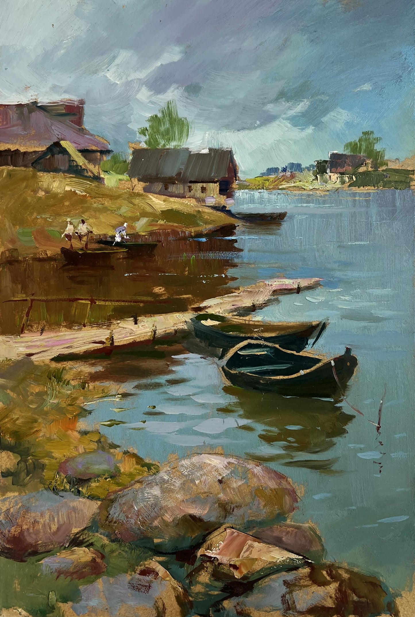 Rustic oil painting Quiet Village Harbour by Yuriy Suprunchuk