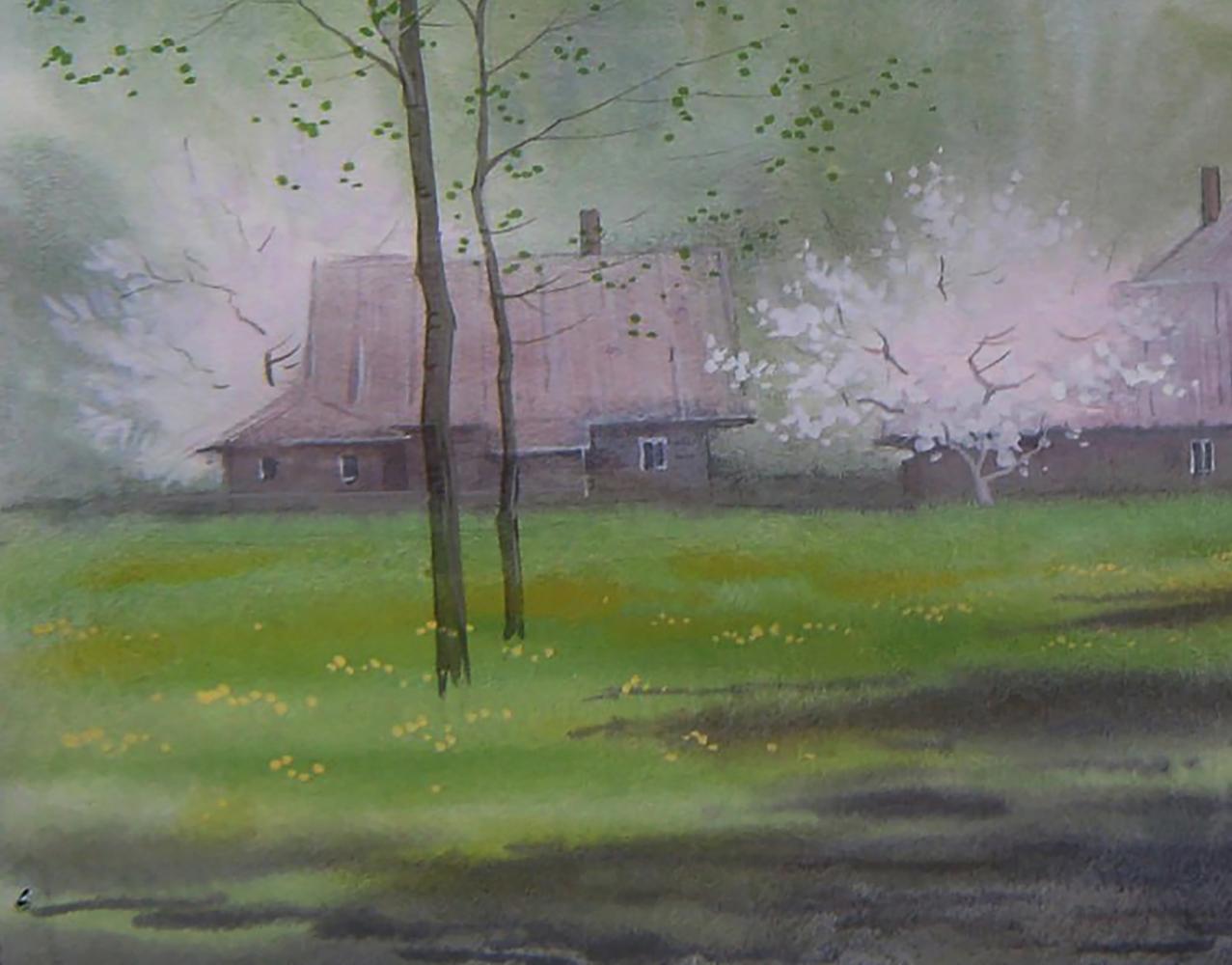 Watercolor painting of Spring village by Valery Savenets, rustic thatched house