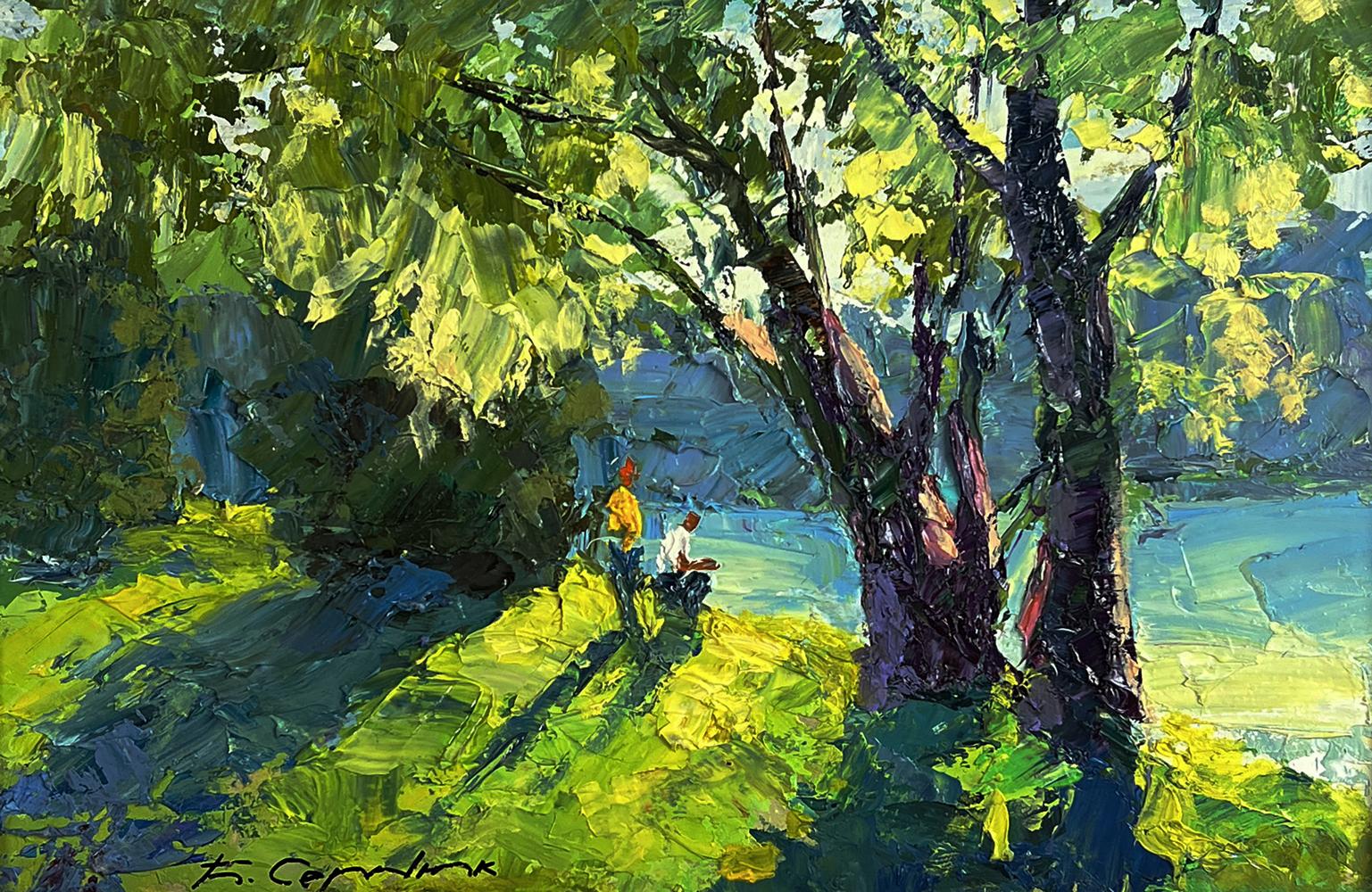 Vibrant impressionistic oil painting of two figures under lush trees by Boris Serdyuk