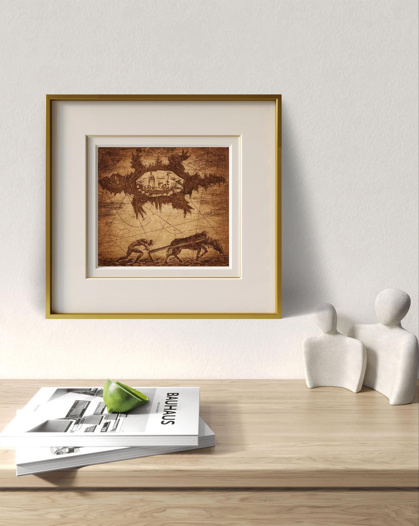 Oleksandr Zhmailo etching Works for a living in gold square frame on aged parchment