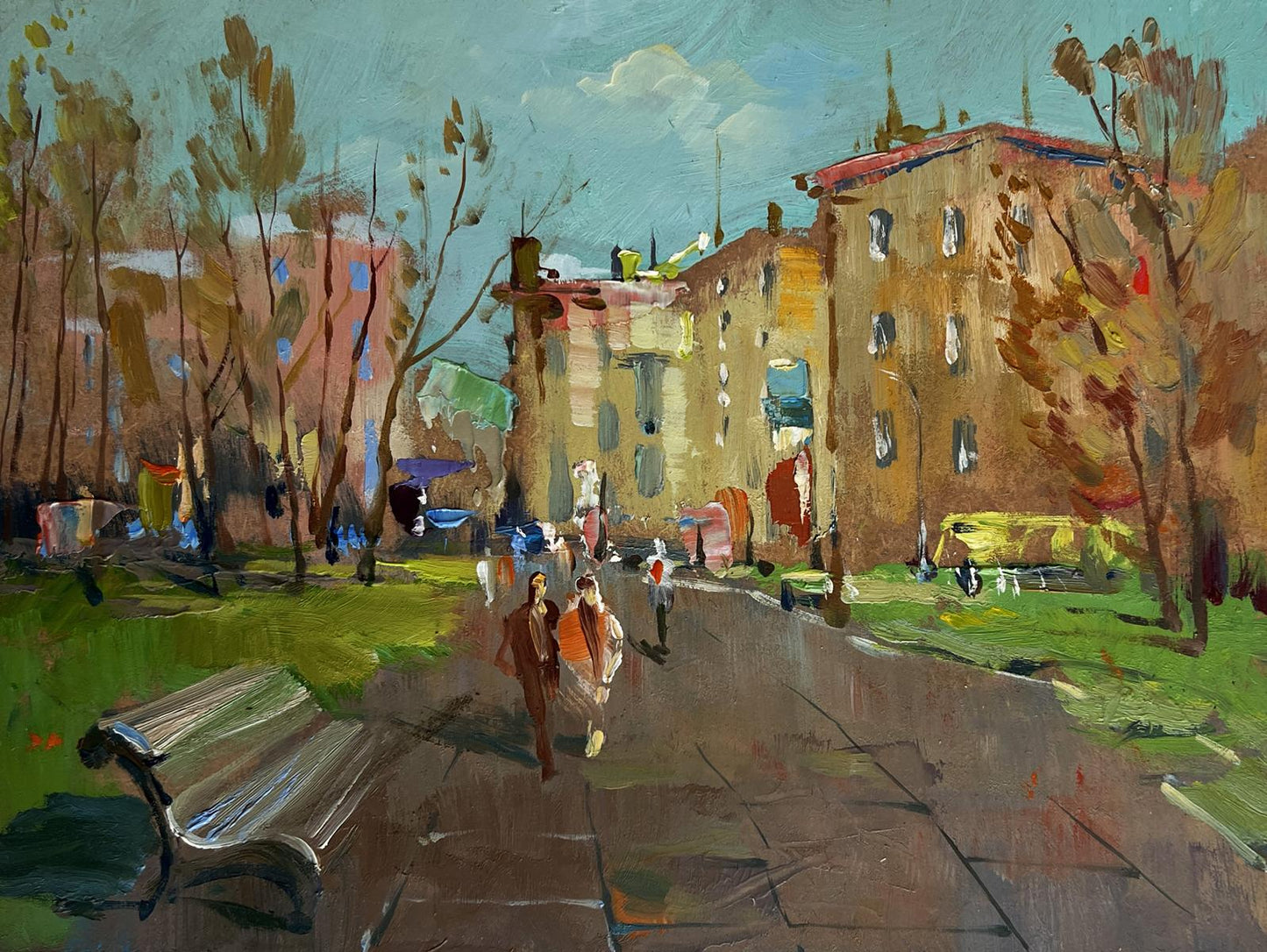 Oil painting Golden autumn in the park by Yuriy Suprunchuk with gray bench