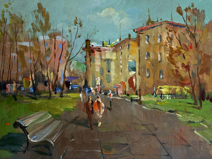 Oil painting Golden autumn in the park by Yuriy Suprunchuk with gray bench
