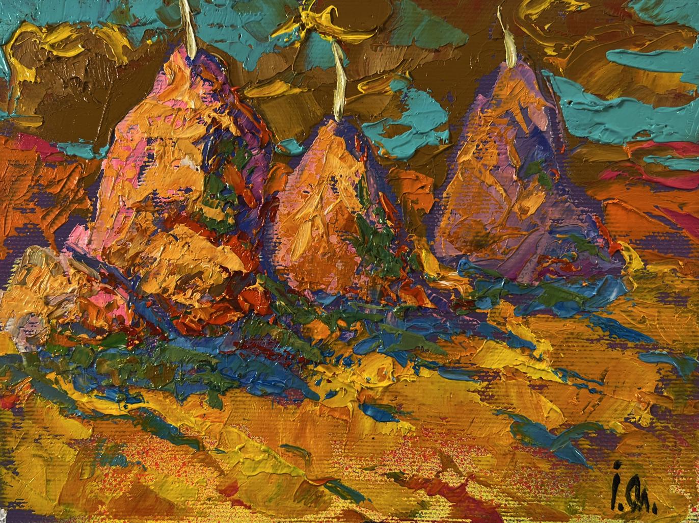 Vibrant oil painting Autumn evening fields by Oleksiy Ivanyuk with stylized pears
