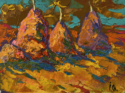 Vibrant oil painting Autumn evening fields by Oleksiy Ivanyuk with stylized pears