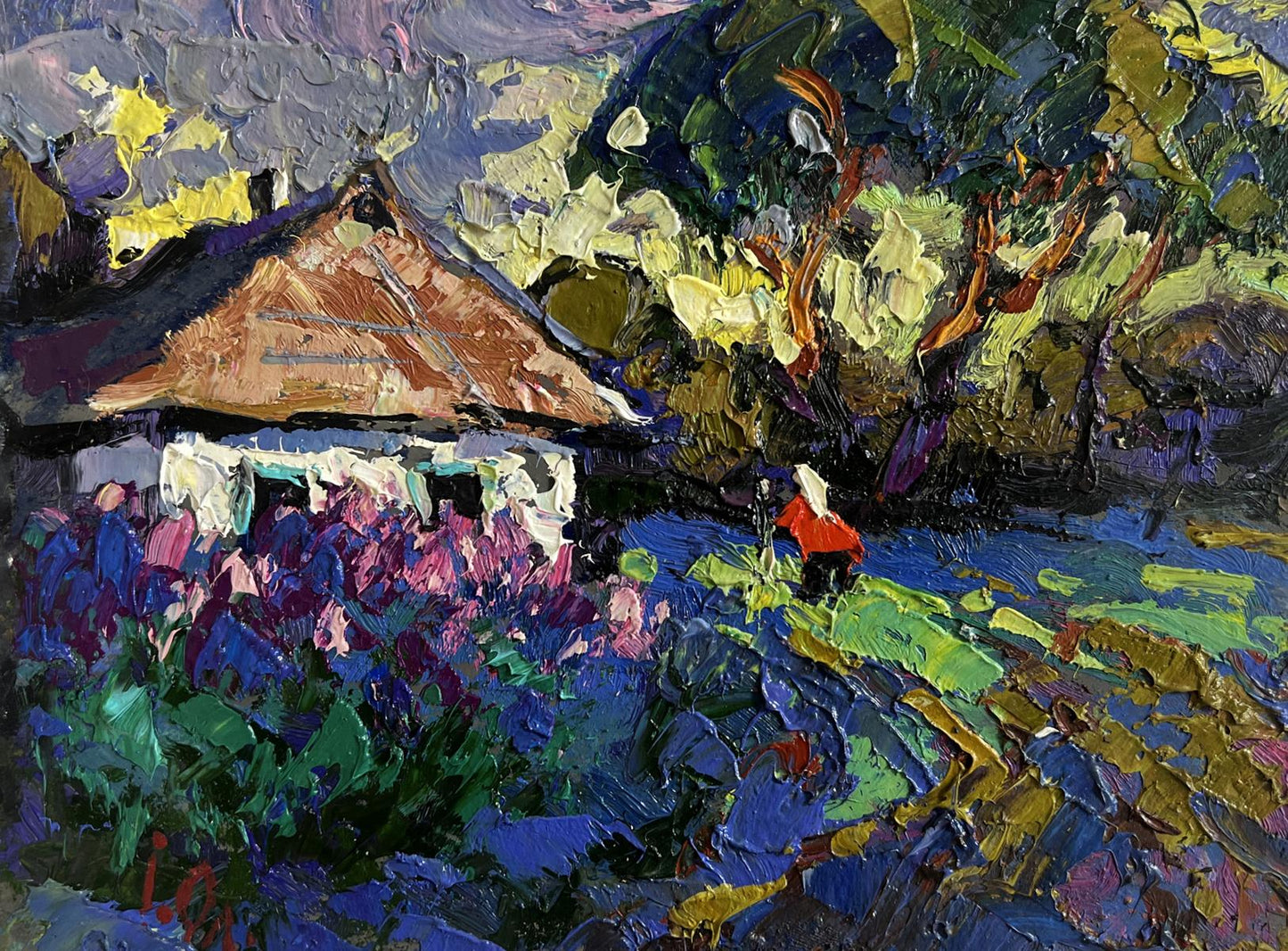 Oil painting of rustic thatched cottage with lilacs by Oleksiy Ivanyuk