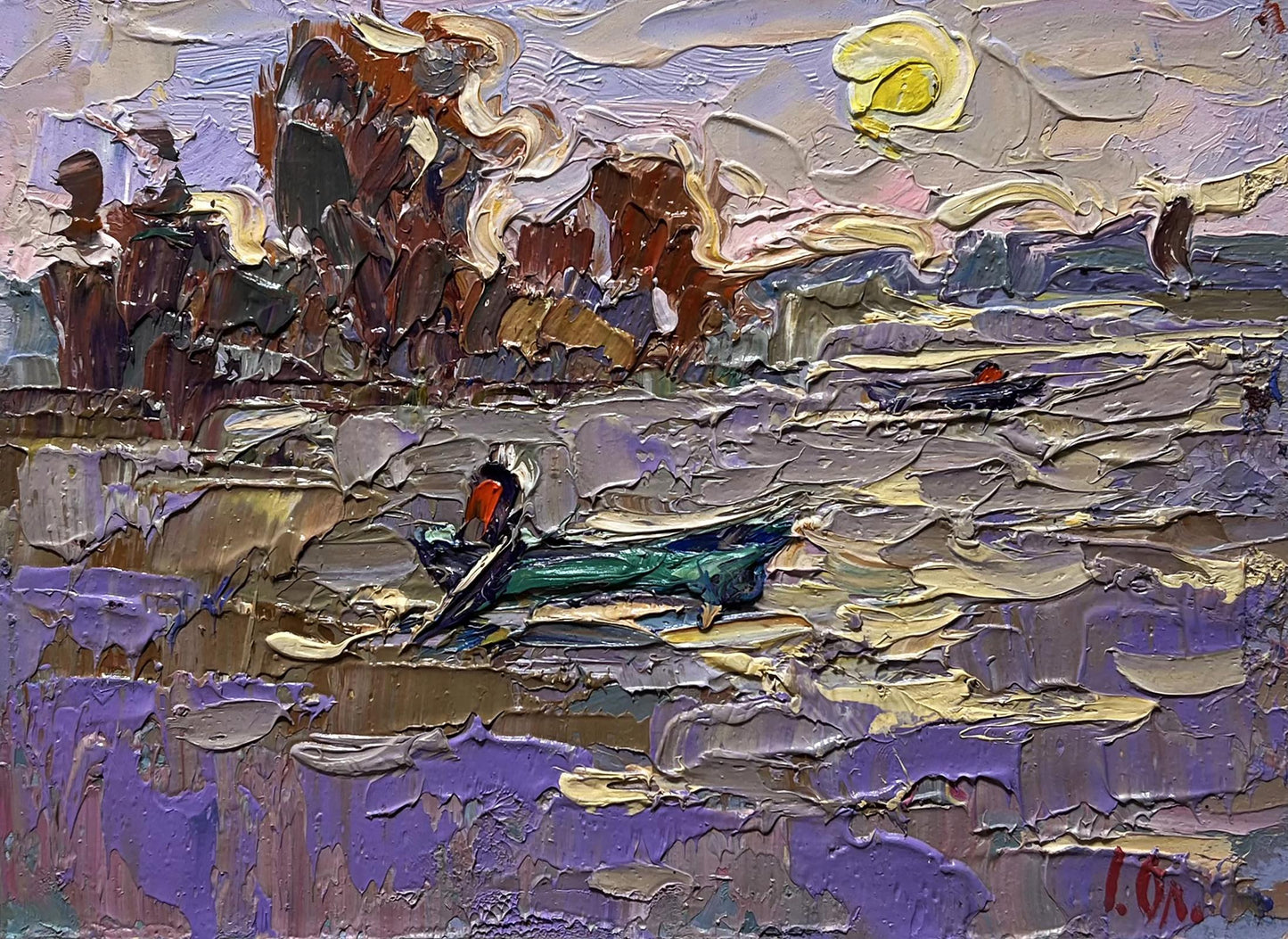 Impressionistic oil painting by Oleksiy Ivanyuk: green boat on river under yellow sun
